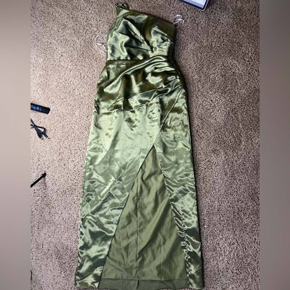Green Asymmetrical One Shoulder Satin Gown for Weddings